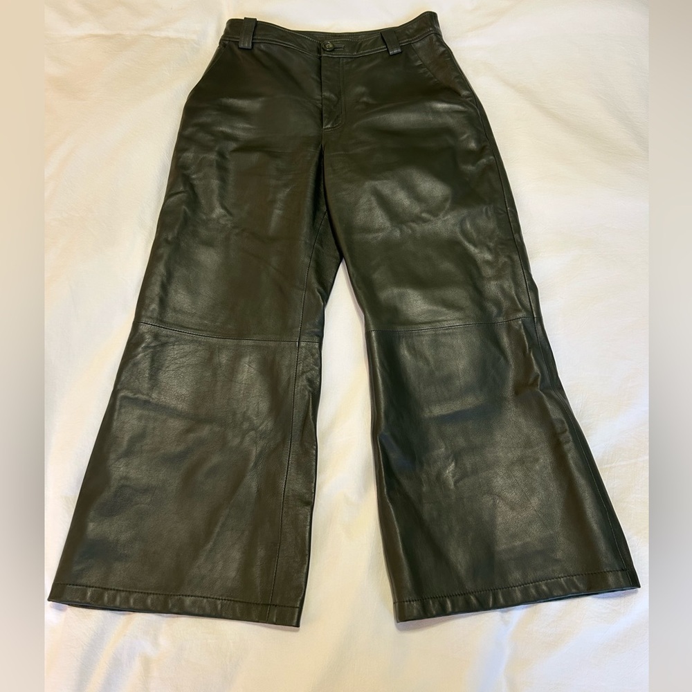 ANTONIO MELANI Morgan Culotte High Rise Wide Leg Cropped Green Leather Pants